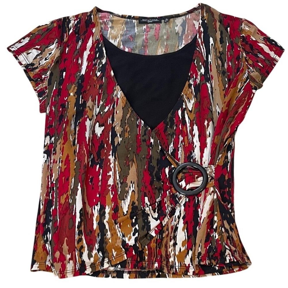 Notations‎ Petite Abstract Print Faux Wrap O-Ring Top Red Black Tan PL PTF0508